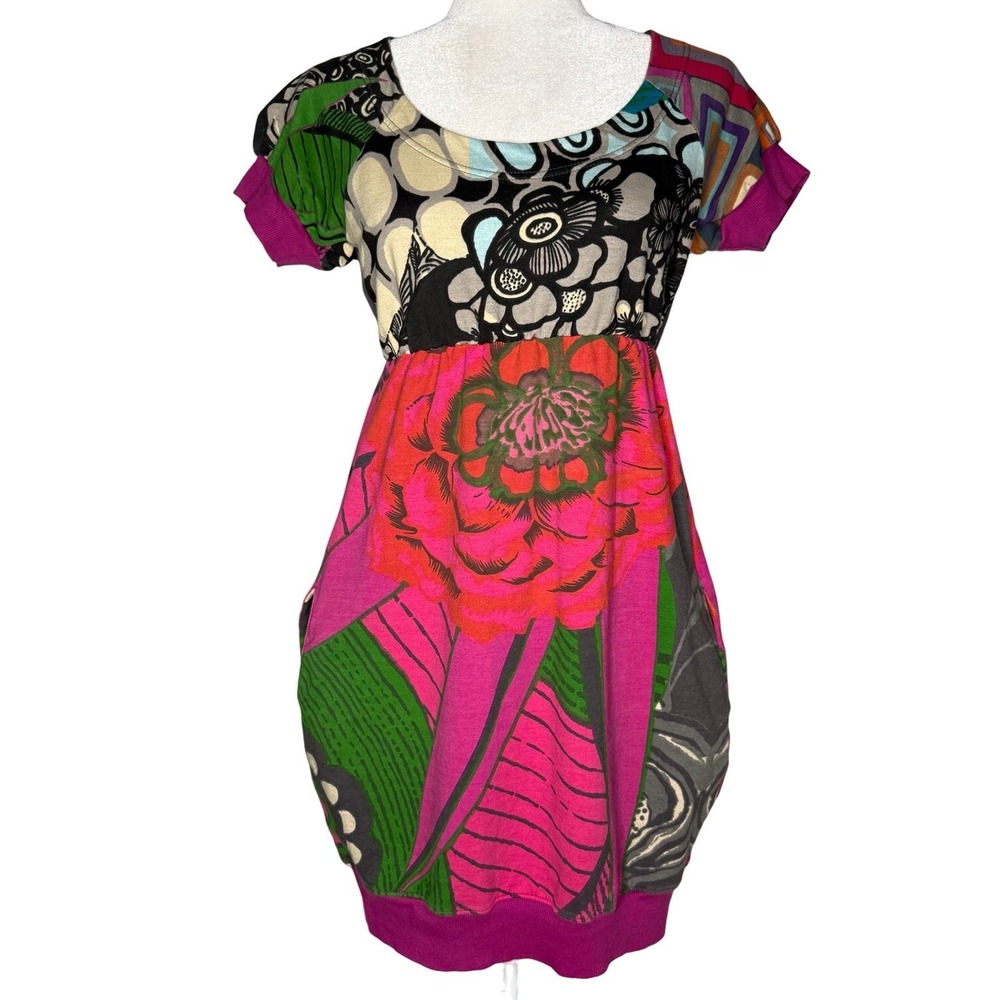 Desigual Patchwork Floral Print Balloon Barrel Dress Colorful Size XL Pockets